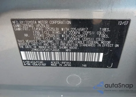 2008 Toyota Rav4 z USA, uszkodzony, nr VIN JTMBD33V585154868